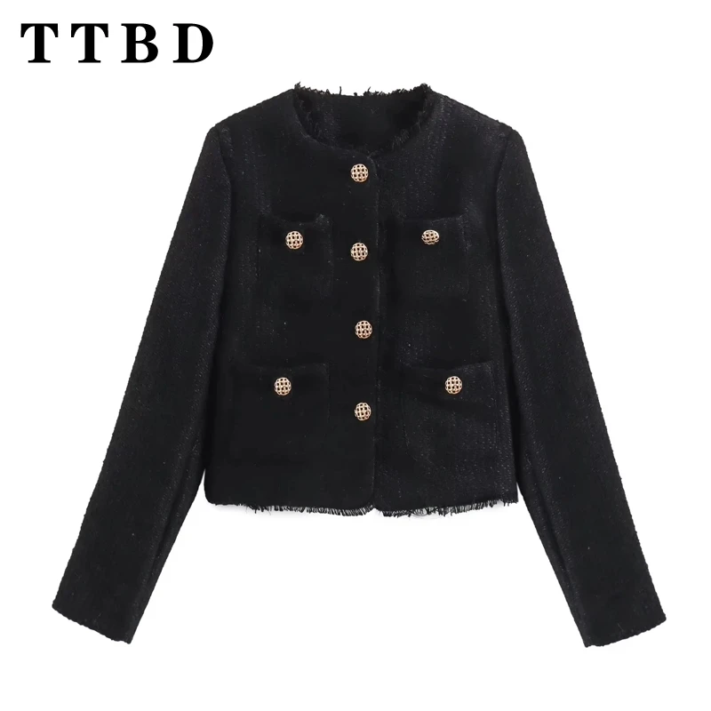 TTBD 2024 nuevo otoño mujer Casual cuello redondo Color sólido chaqueta de manga larga Top moda femenina abrigo con bolsillos de un solo pecho