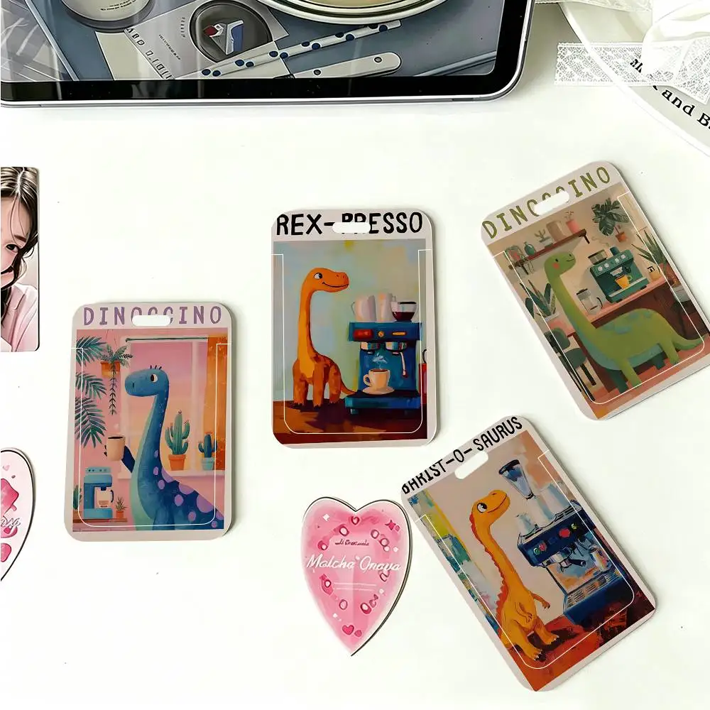1pc Cute Coffee Dopamine Dinosaur ID Card Sleeve School Card Access ID Card Bus Meal Card Protective Sleeve Easy Push