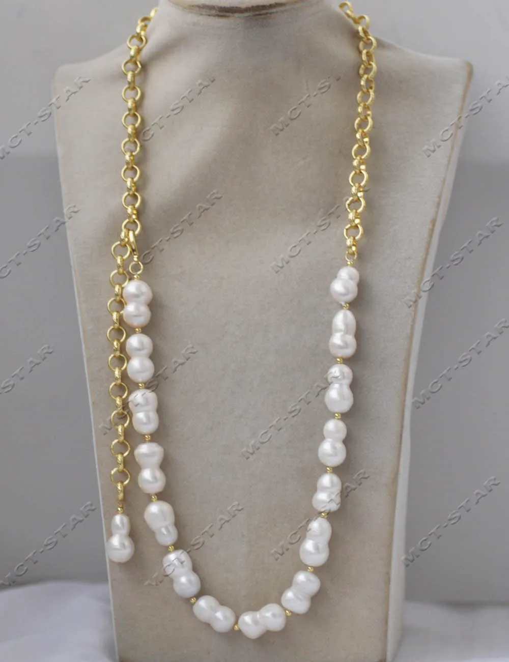 MTC·STAR  Z13236 30'' 18mm White Double Pearl Gold Plated Chain Necklace Pendant Custom Jewelry
