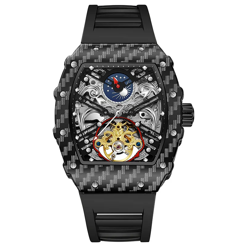 Top Brand Luxury Tourbillon Watch Man Fashion Skeleton Watches for Men Silicone Strap Waterproof Moon Phase Hollow Wristwatch