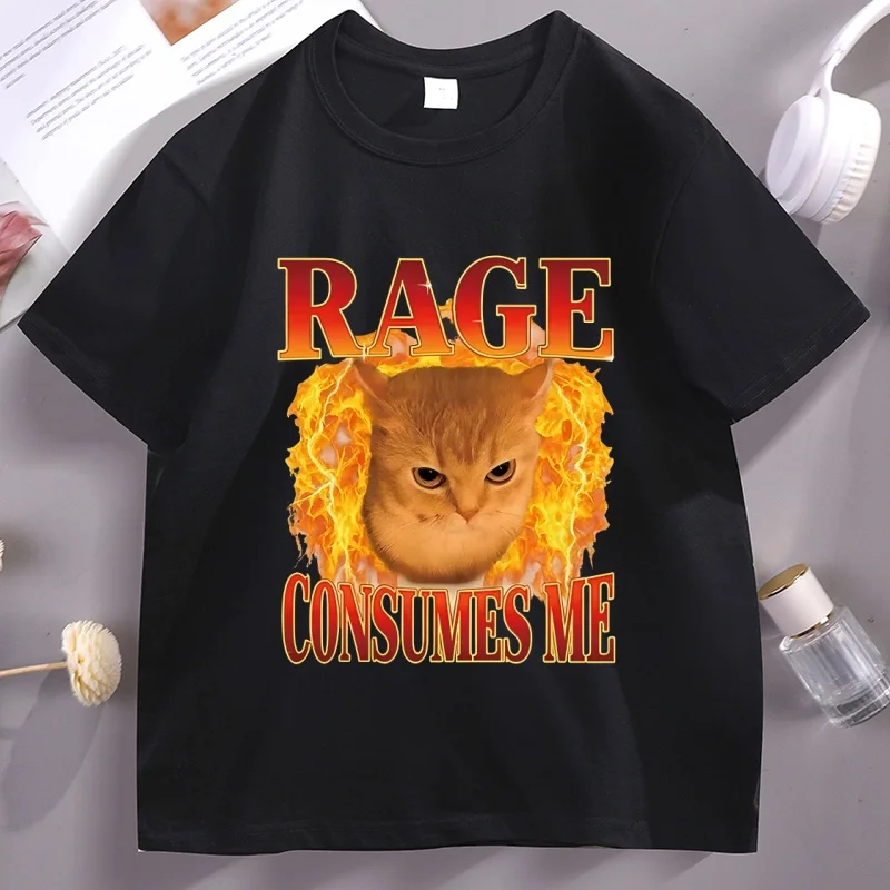 Funny Cat Meme T Shirt Rage Consumes Me T-Shirt for Mens Womens Angry Cat Kitten Graphic Tee Casaul Crewneck Short Sleeve
