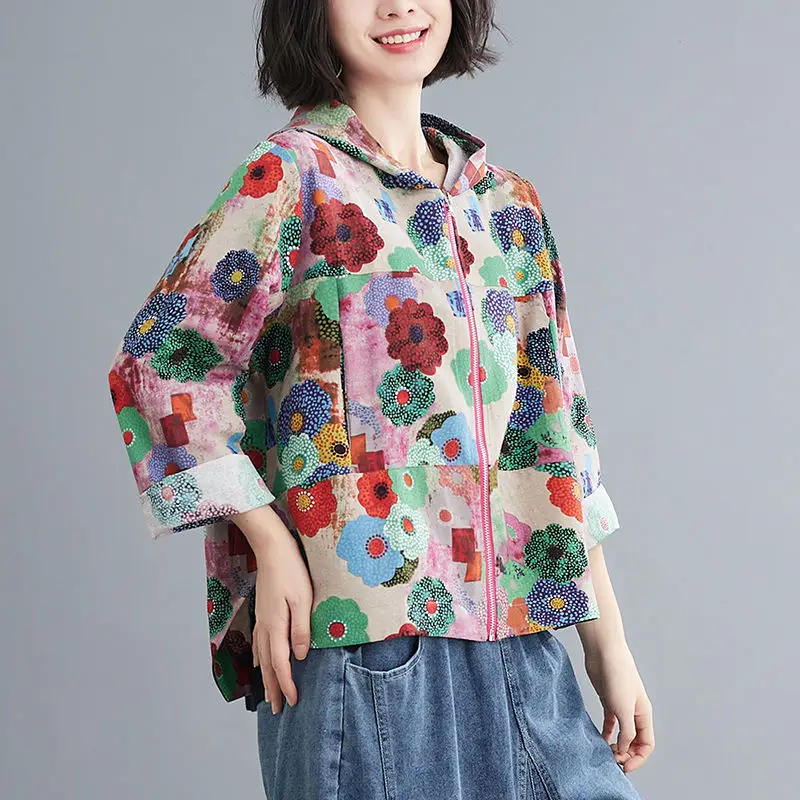 2023 New Spring and Autumn Fashion Literature Retro Exquisite Printing Casual Loose Versatile Hooded Cotton Linen Women's Coat