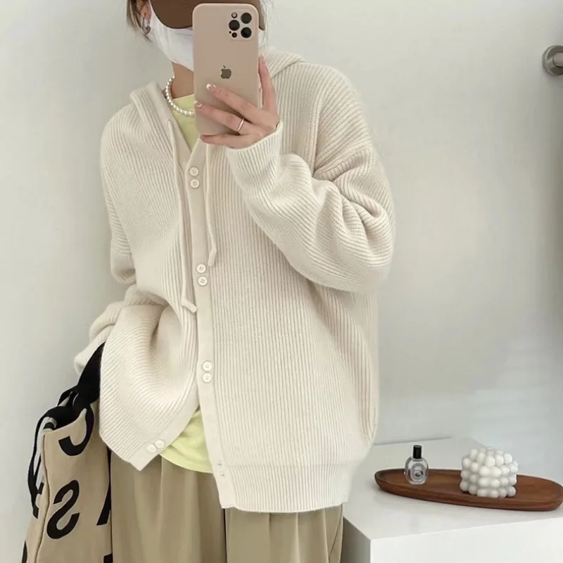 2023 Early Autumn New Hooded Knitted Female Cardigan Soft Glutinous Loose Versatile Casual Fructose Sweater Women Coat Top