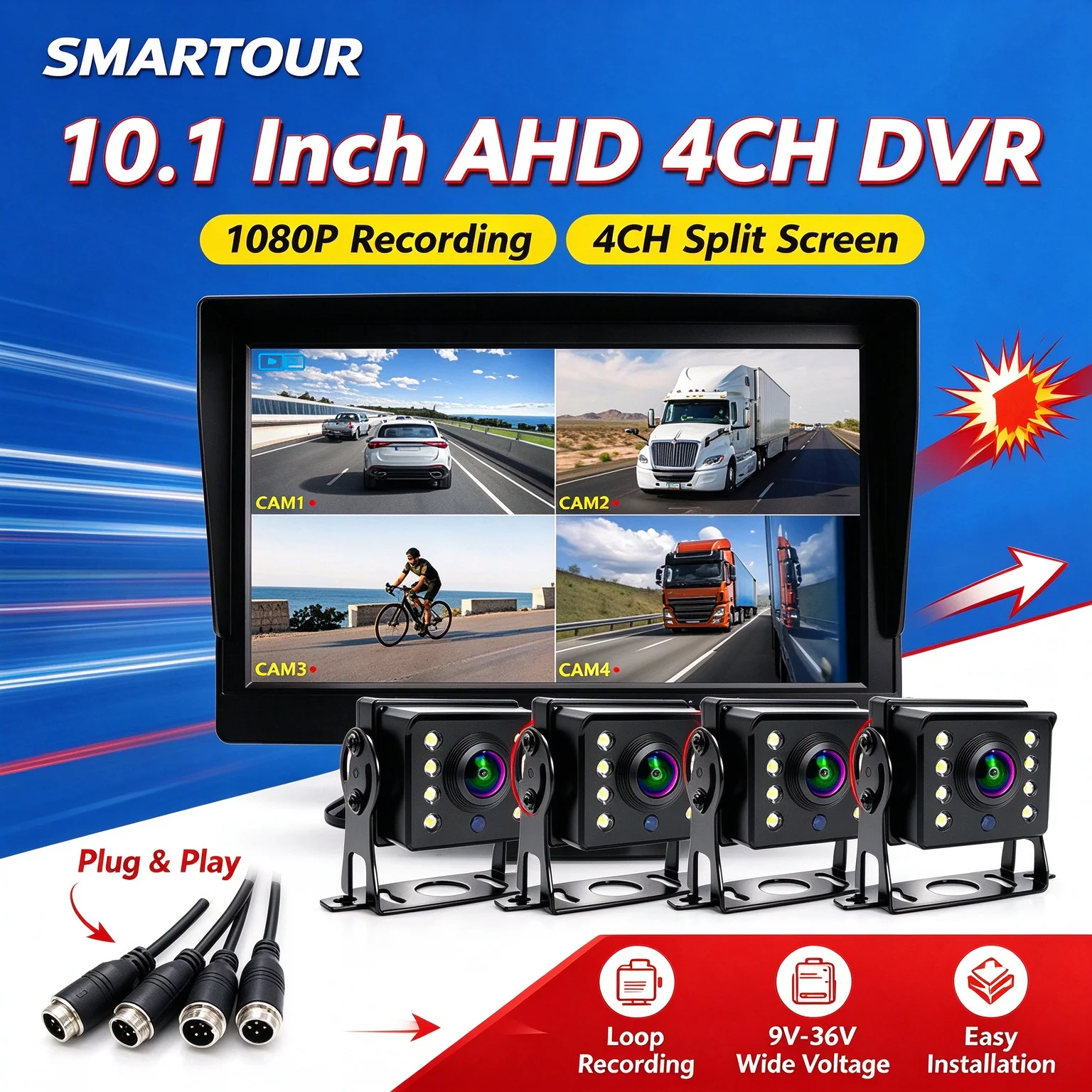 10.1 Inch 4CH AHD 1080P Vehicle DVR Monitor Truck Bus Rear View Camera System 9-36V Split Screen Loop Recording Car Surveillance