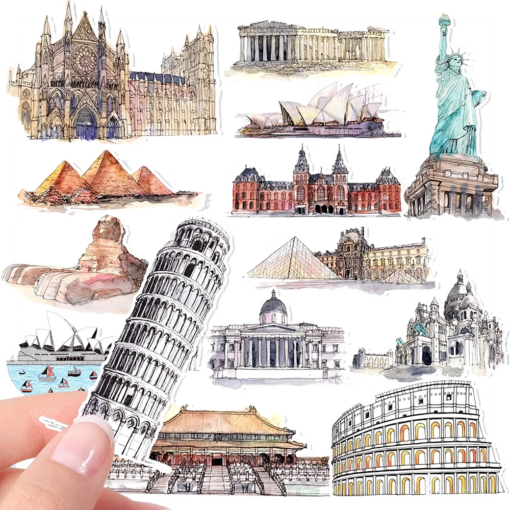 42 Pieces Watercolor World Landmarks Sticker Travel Decals for Notebook, Laptop, Phone Case, Water Bottle, DIY Craft Decoration