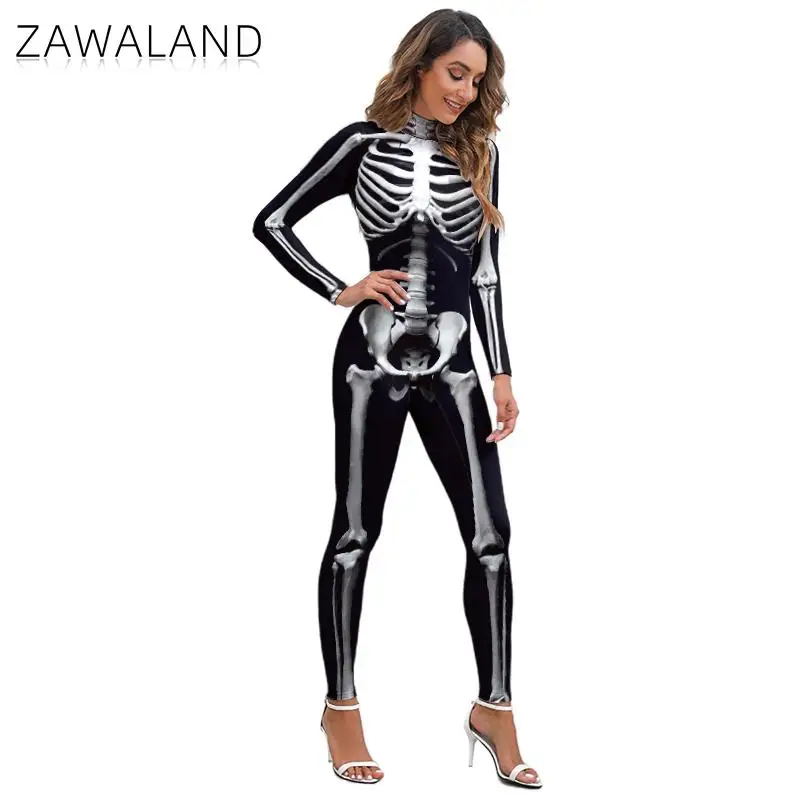 Zawaland-fantasia de esqueleto de Halloween para mulheres, manga comprida, bodysuit sexy, festa, macacão show, carnaval, festival catsuit, roupa