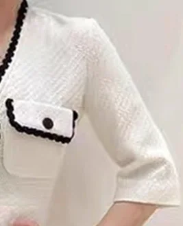 

Women's White Patchwork Dress Single-breasted Contrast Color Design Pocket Mini Dress Female