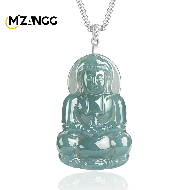 

Natural Jadeite Blue Water Guanyin Bodhisattva Pendant S925 Silver Buckle Inlaid Ice Jade Necklace Men and Women Holiday Gift