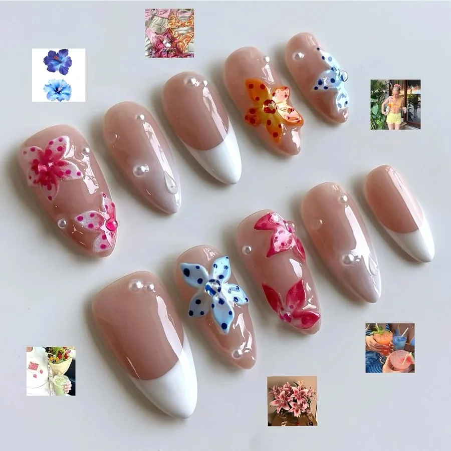 الصحافة الفاخرة على الأظافر متوسطة اللوز اليدوية ثلاثية الأبعاد فريدة من نوعها قابلة لإعادة الاستخدام مادة ABS الأظافر وهمية الأبيض الفرنسية تلميح الأظافر كاذبة مع تصميم