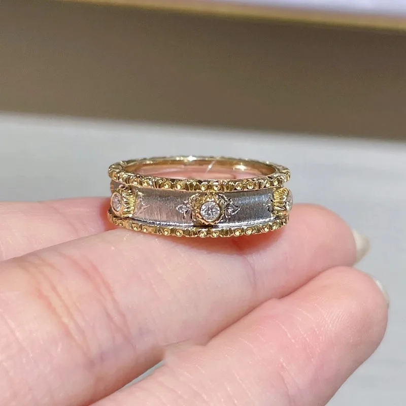 Vintage and elegant color blocked inlay diamond brushed ring fashion and luxurious exquisite high-end rings jewelry gift