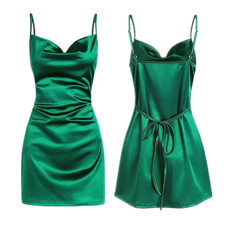 Satin Slip Dress Women Silk Low Cut Smocked Solid Color Party Dresses Cowl Neck Backless Mini Dress Nightclub Short Vestidos