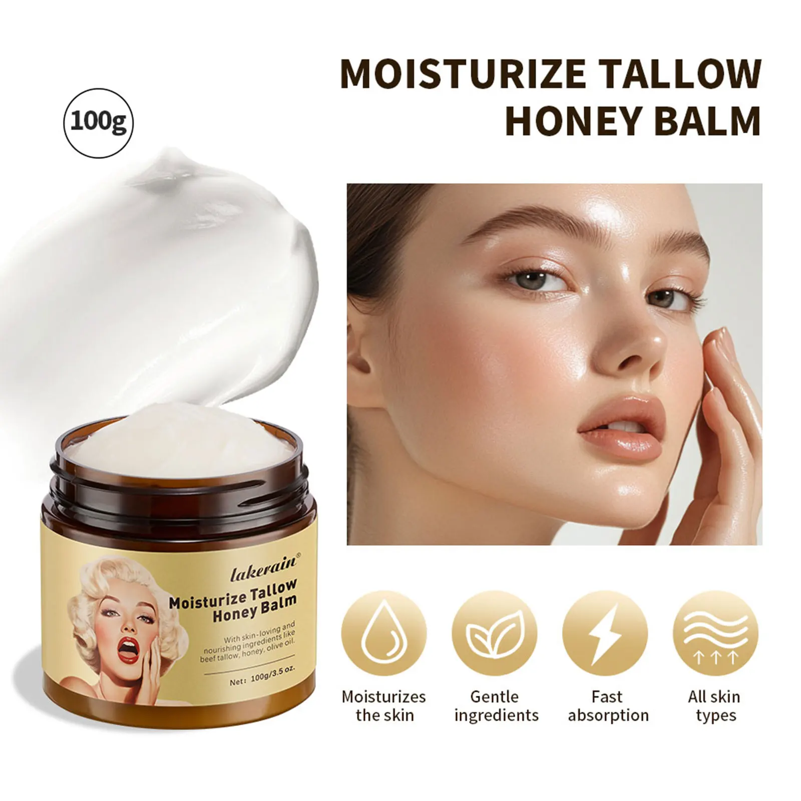 Lakerain Tallow & Honey Moisturizing Cream | Nourishing Tallow Balm for Deep Hydration | Soothing Face & Body Cream for Soft