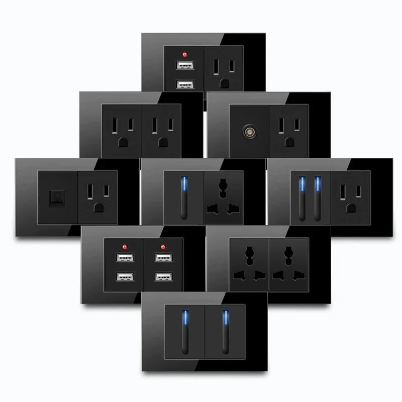 

Model 118 Reset Black Glass USA Mexico Thailand Universal Socket Wall Light Button Switch Socket LED Indicator USB Charging