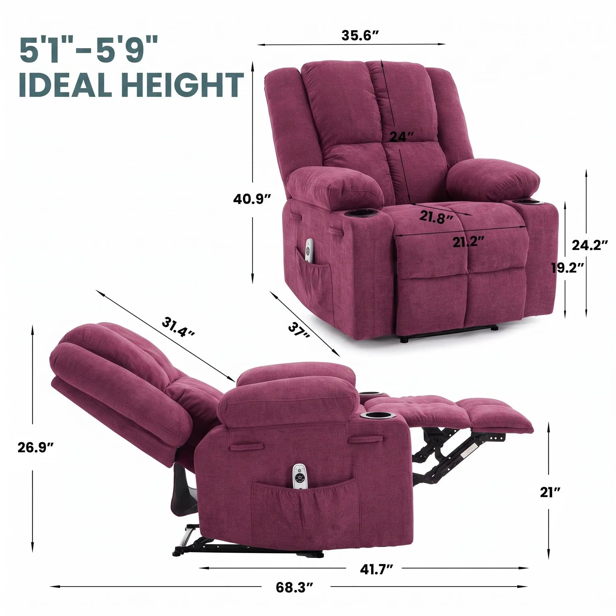 Manual Recliner Chair, Heat and Massage, 155 Degree, Breathable Fabric