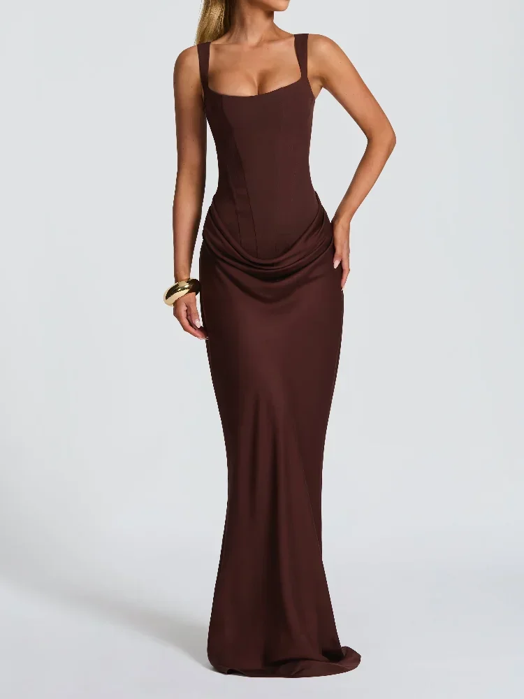 

Women Elegant Solid Corset Sling Pleated Dress Brown Sexy Sleeveless Off Shoulder High Waist Maxi Dresses 2025 Lady Party Gown