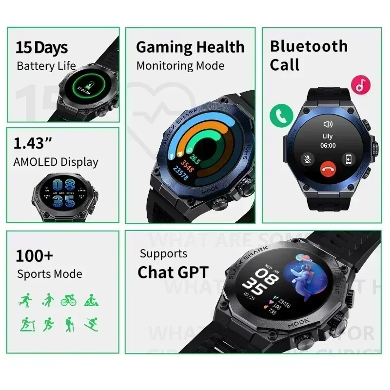 [World Premiere] Global Version Black Shark S1 Pro Smart watch 1.43\'\' AMOLED Wireless Charging 15 Days Battery Life NFC Chat GPT