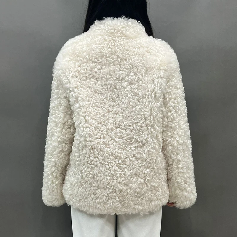 Veste en peau de mouton en fourrure d'agneau véritable pour femme, pardessus d'hiver, doublure en cuir véritable, optique, chaud, combinaison de laine, 2024