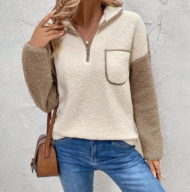 Casual Women's Sweatshirt Top 2024 Winter Fashion Colorblock Half Zipper Flip Collar Long Sleeve Fleece Hoodie Casual Sweatshirt