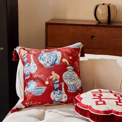 Red Pillows Chinese Procleain Round Cushion Case Monkey Print Velvet Decorative Pillow Cover For Sofa Luxury Home Decorations