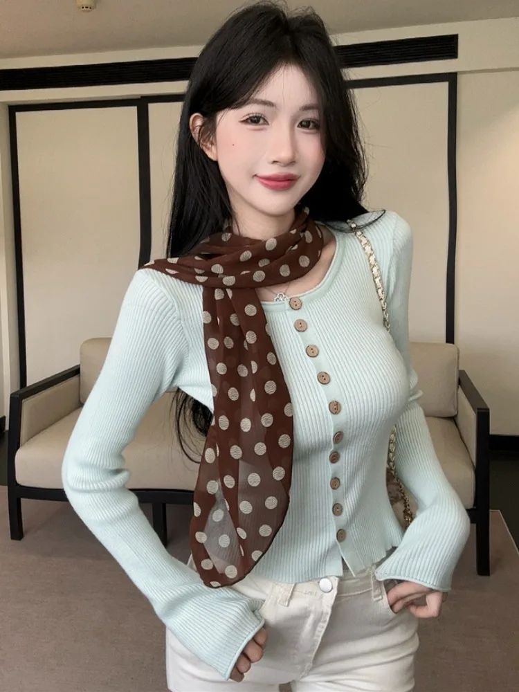 

Polka Dot Long Sleeve Knitted Slim Fit T-Shirt Sexy Single Wear Casual City Walk Breathable Autumn Winter Women's Top