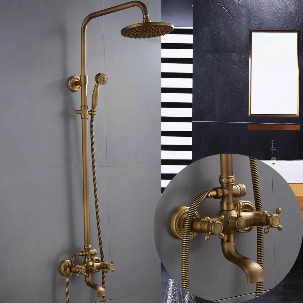 

European style antique shower shower set, phone hand spray brass retro liftable shower faucet set