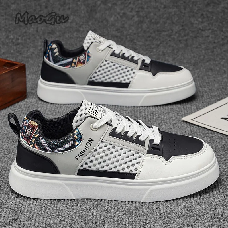 Men's Color Block Mesh Platform Skate Shoes Breathable Hollow Mesh Lace Up Low Top Casual Sneakers Fashion Street Walking Shoes