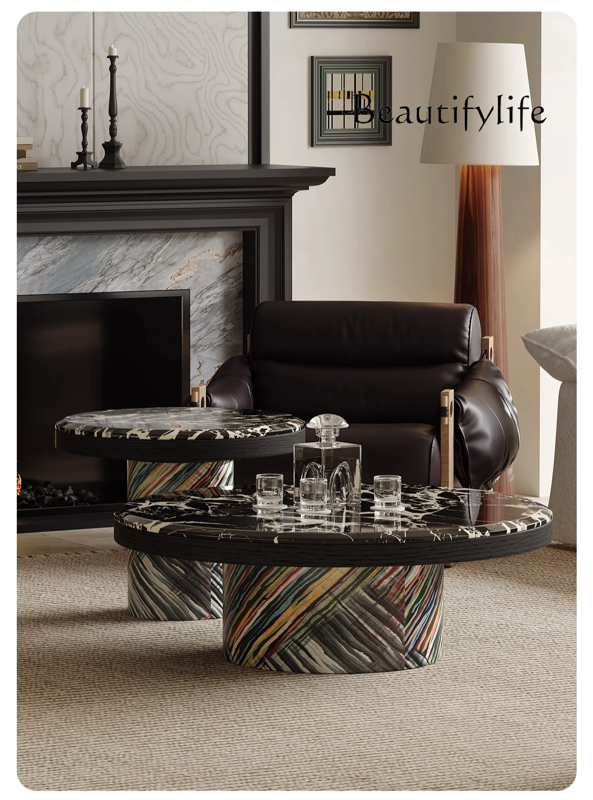 Art museum art coffee table living room mansion minimalist designer natural luxury stone round tea table designer