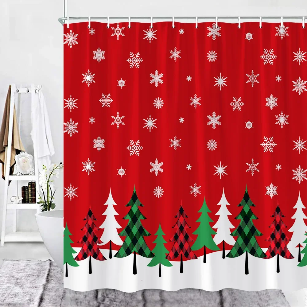 Christmas Shower Curtain Set Red Bathroom Curtains Buffalo Checker Xmas Tree Snowflake Snow New Year Decor Fabric Cloth Hooks