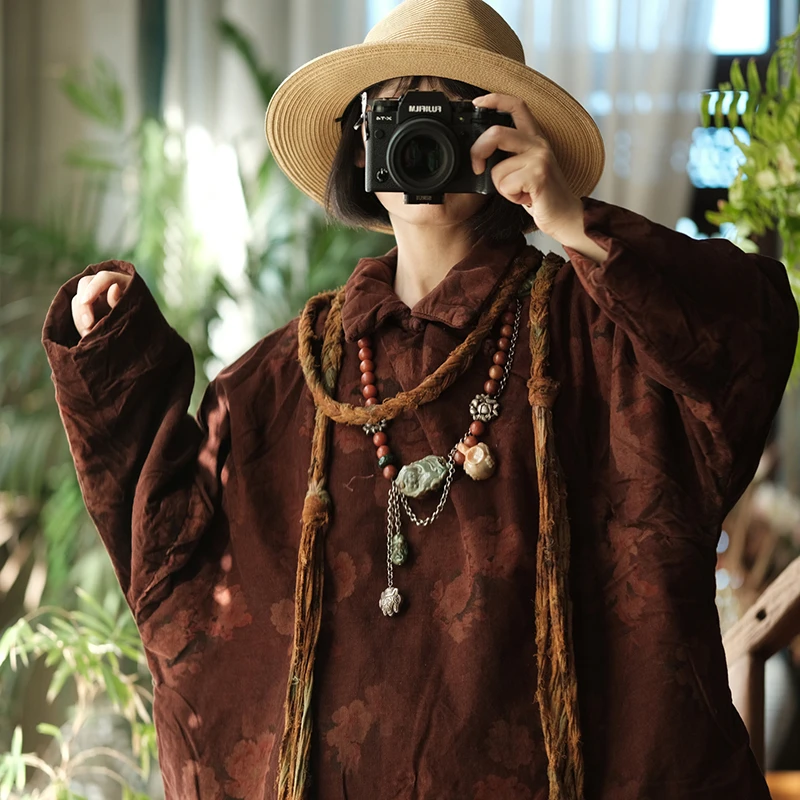 

Большие толстые теплые повседневные пальто, женское Новое поступление, зима 2025 года, винтажный стиль, цветочный принт, 100% хлопок, женские парки M2103