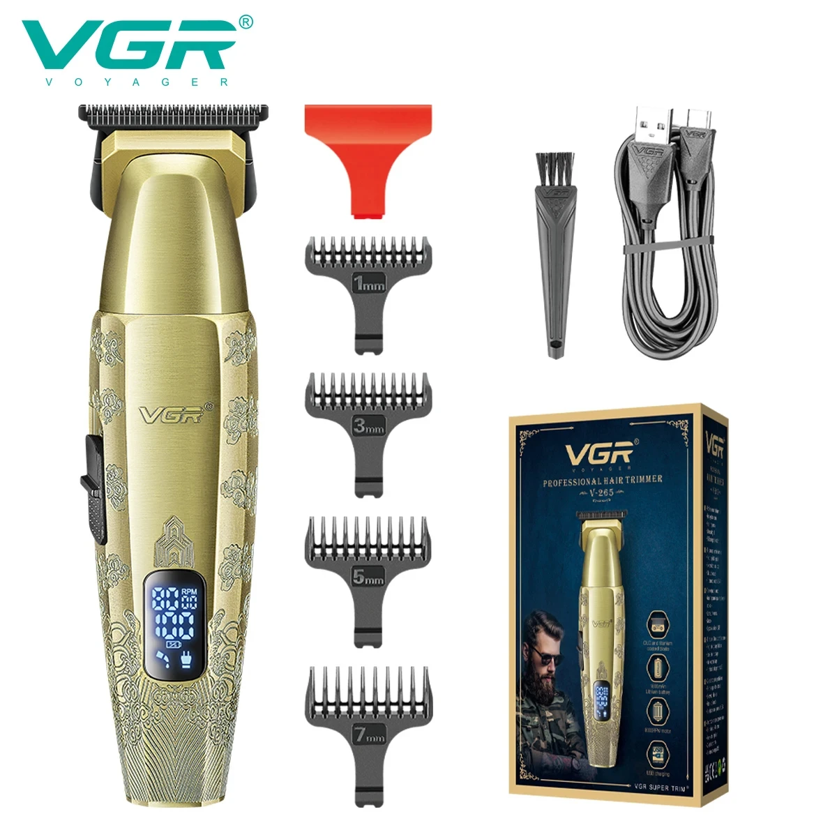 VGR V-265 vintage metal men's hair clipper with embossed body, electric pusher, high endurance T-shaped blade, hair trimming mac