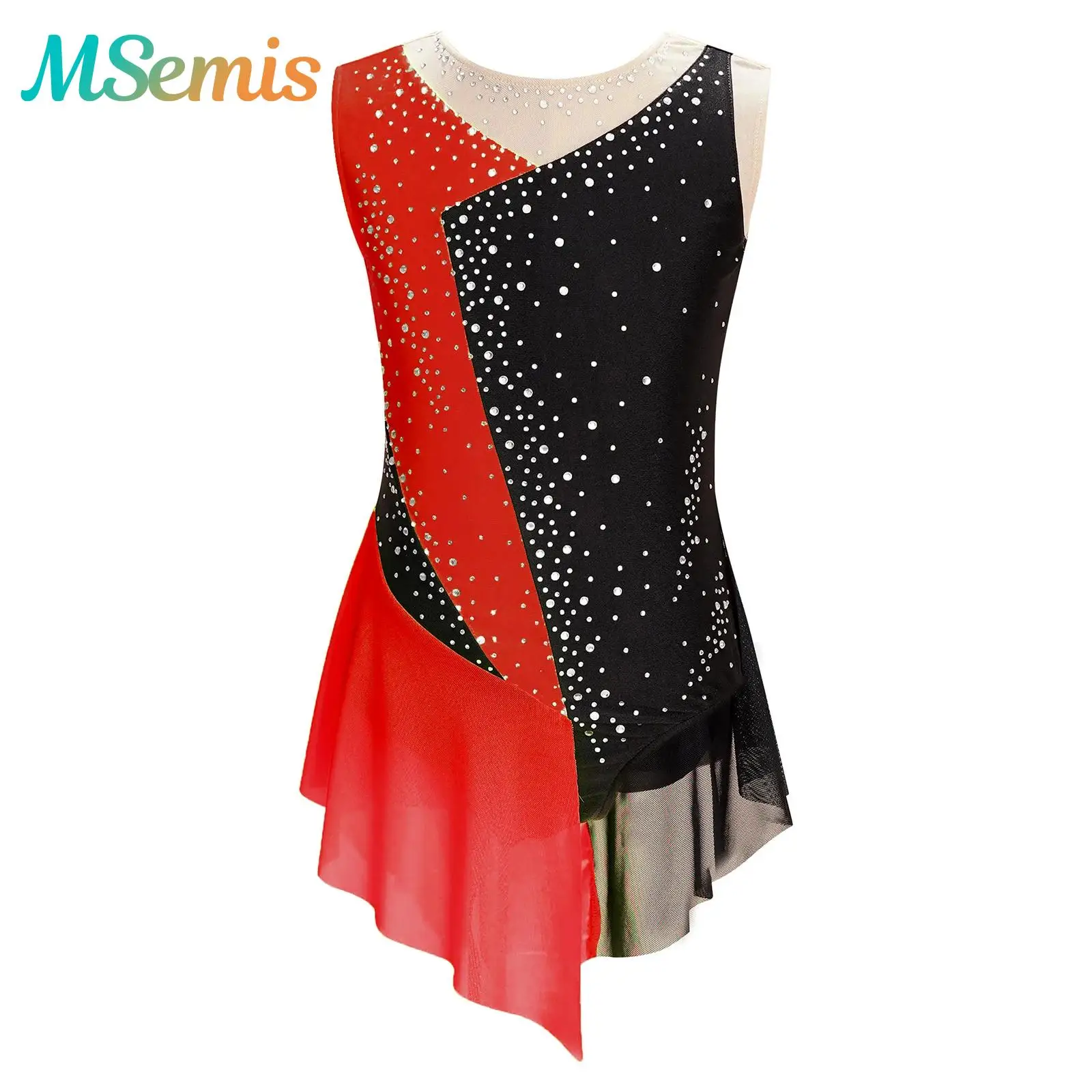 

Kids Girls Sparkly Rhinestone Gymnastics Artistic Skating Ballet Jersey Costume Sheer Mesh Ballerina Tutu Tights Leotard Dress