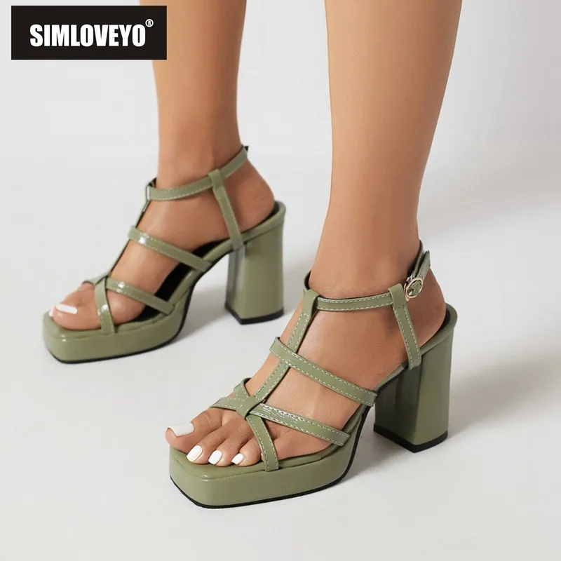 

SIMLOVEYO Women Sandals Square Toe Chunky High Heels 10cm Platform Buckle Strap Concise Daily Female Shoes Plus Size 40 41 42 43