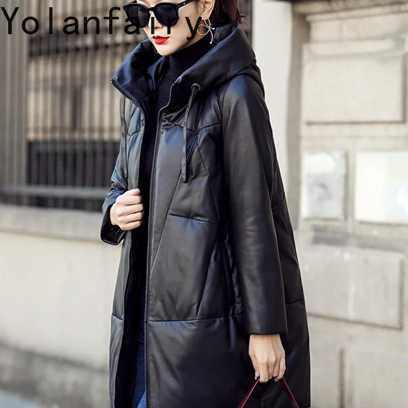 YOLANFAIRY-Combinaison longue à capuche en cuir véritable pour femme, peau de mouton, vêtements d\'extérieur, nouvelle mode, hiver