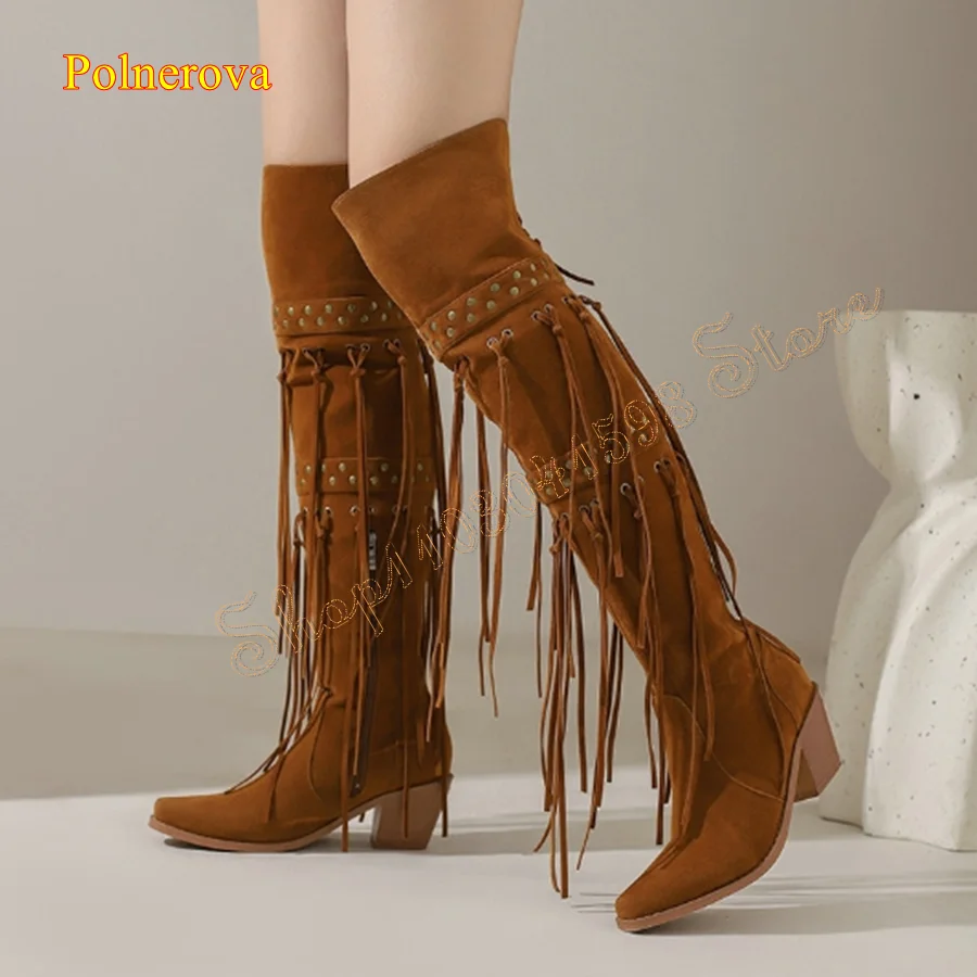 Fringed Leather Canvas Heeled Boots,Round Toe Chunky Heel Over The Knee Boots Zipper Women Boots2024 New Zapatos Para Mujere