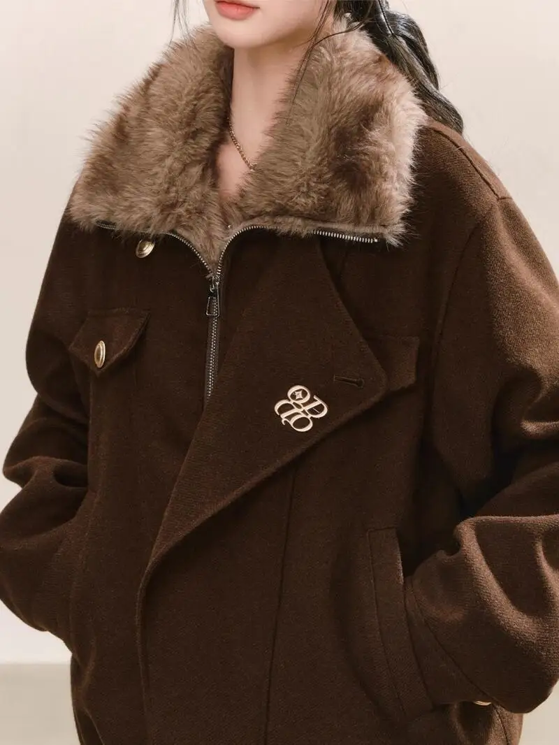 

Женское зимнее пальто, верхняя одежда, корейское ретро кряква, коричневое шерстяное пальто с воротником из искусственного меха, зимнее утолщенное теплое женское пальто высокого класса