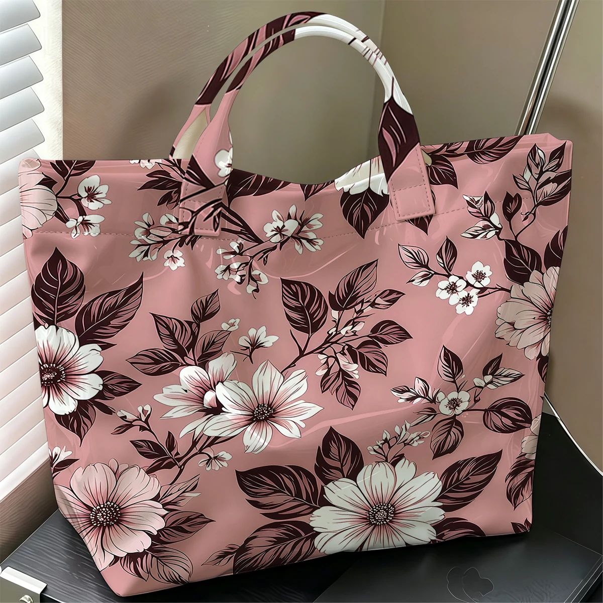 Vintage Floral on Pink Cute Large Glossy PVC Tote Bag Hand Washable Lightweight Soft for Travel Commute Makeup Storage Handbags