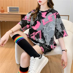 Loose Women's T-Shirt Short Sleeve Mid-Length plus Size 2024 New Summer Fashion Design Korean Style round Neck Polyester Blend
