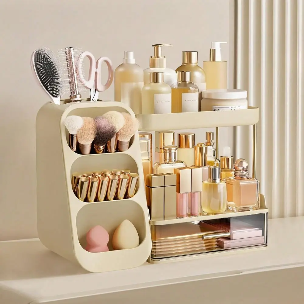 Bathroom Vanity Organizer With Brush Holder, Aesthetic Skincare Cosmetic Storage Display Stand, Beige