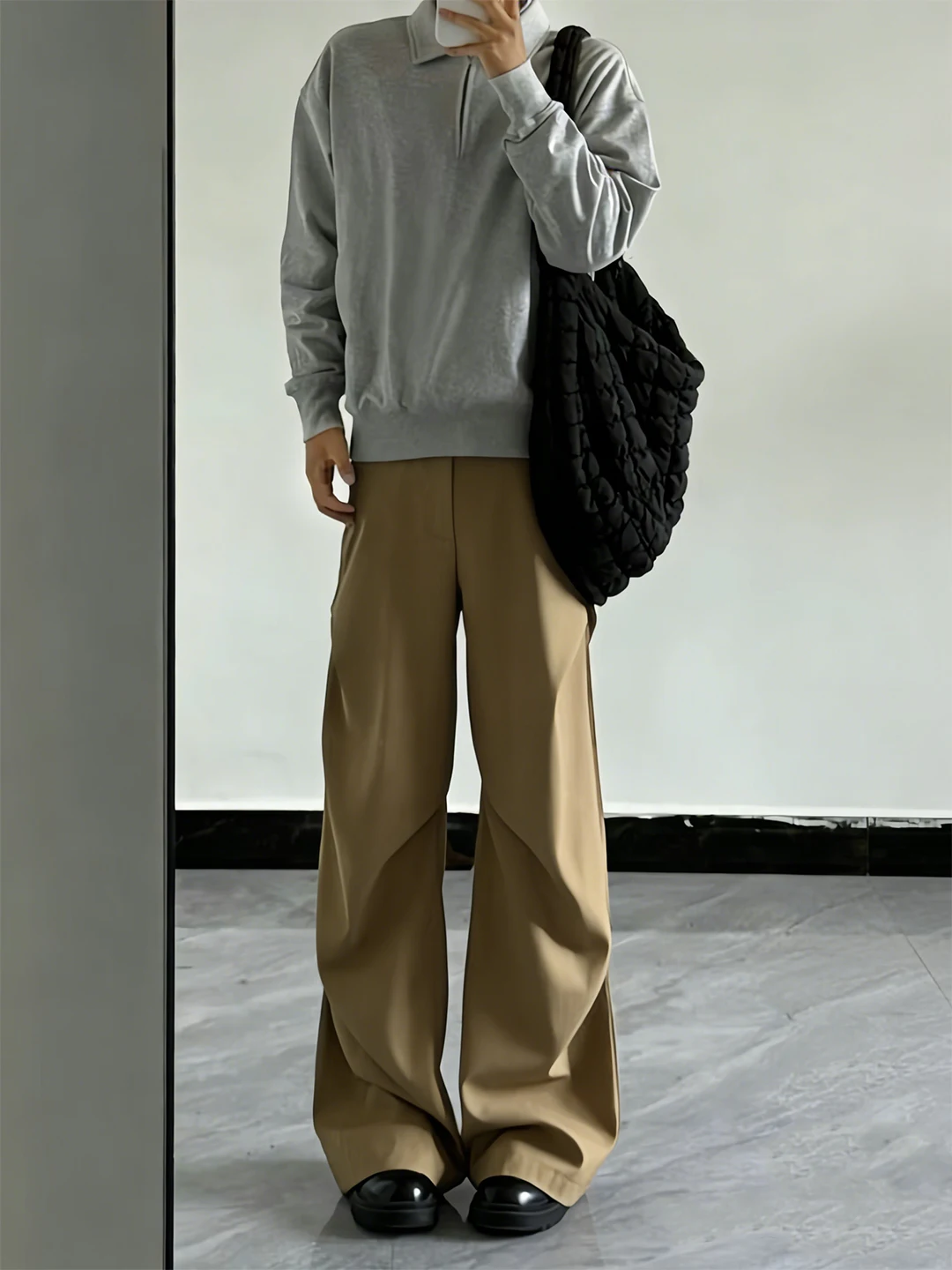 

American High Street Men's Flared Trousers Autumn Winter Drape Folded Wide Leg Workwear Khaki Color Fce Lined Trousers