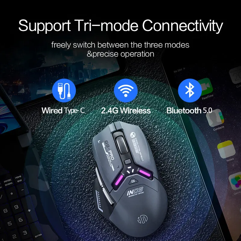 Inphic IN9 Pro Gaming Mouse Wireless/Wired/Bluetooth5.0 Tri-mode PAW3395 26000dpi 6-button Customized Optical Mouse