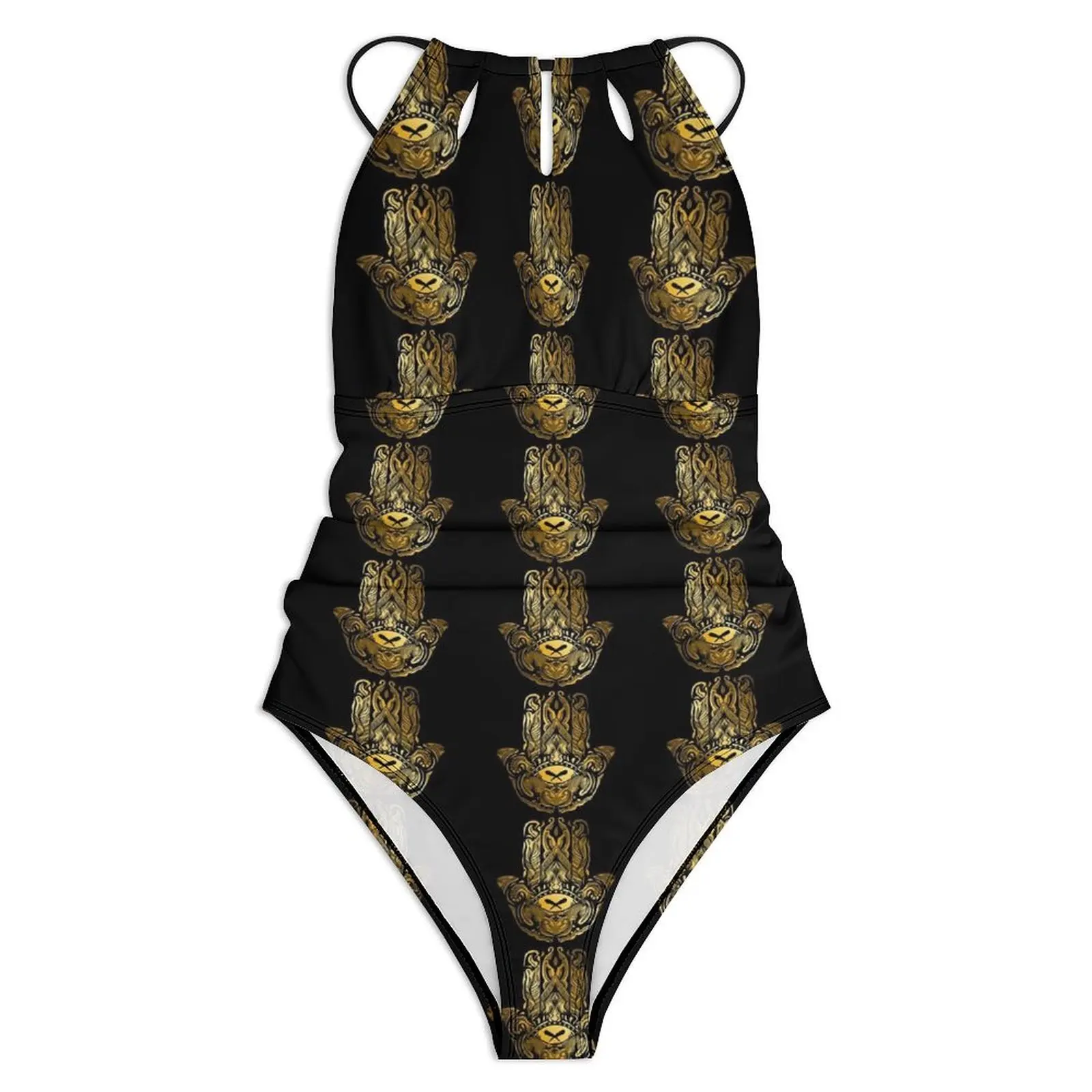 Golden Hamsa Hand Swimsuit Sexy Vintage Print Woman Swimwear One Piece Aesthetic Bodysuit Fitness Push Up Halter Beach Wear