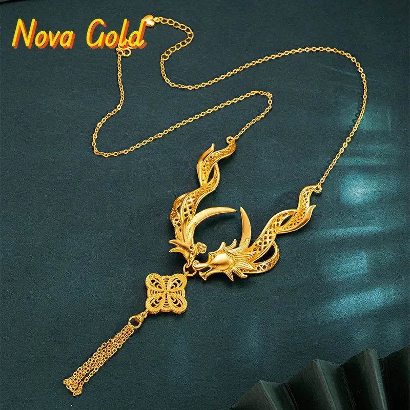 

NovaGlod: Цепочки с изображением дракона и феникса из настоящего золота 24K, 9999 пробы, в ретро-китайском стиле, высококачественный дизайн, модные и изысканные.