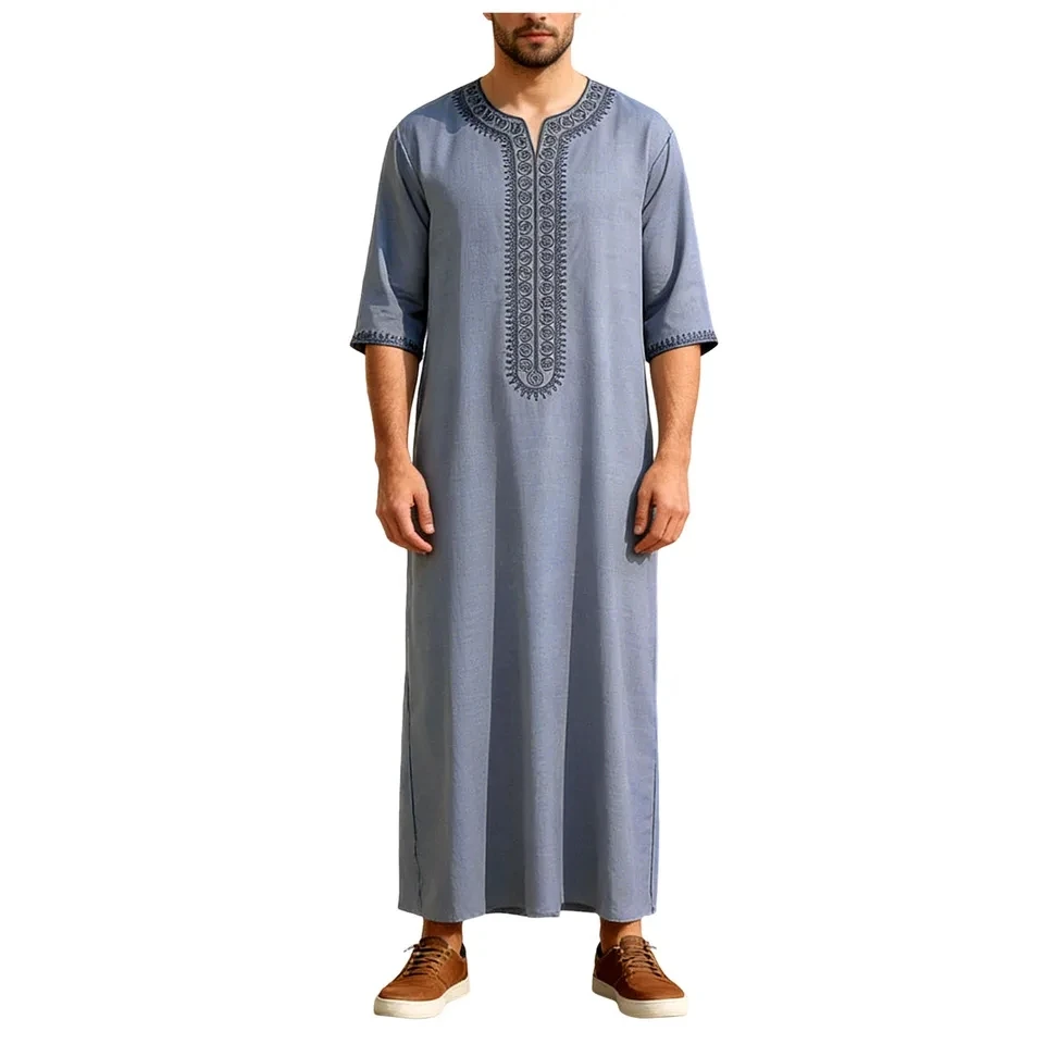 

Traditional Muslim Clothing Men's Jubba Thobe Embroidery Robe Arabic Ethnic Style Islam Kaftan Moroccan Caftan Retro Loose Abaya