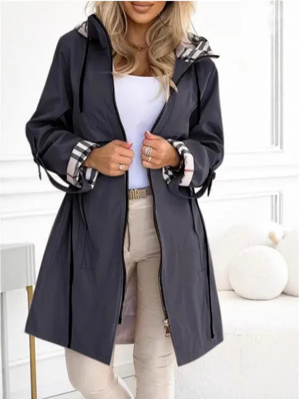 موضة خندق معطف امرأة الخريف الشتاء بلون تنوعا عادية الشارع نمط سترة طويلة الأكمام مقنعين منقوشة ملابس خارجية