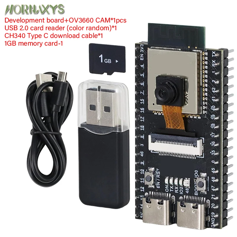 ESP32-S3 Camera Development Board Kit 8MB Flash OV3660 Cam WiFi Bluetooth 1GB TF Card Card Reader CH340 Type C Cable