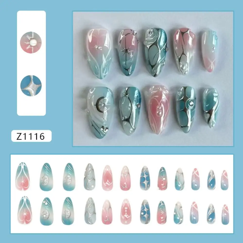 24pcs Manicure Long Almond False Nails Gilded Flower Pearl Star Bow Fake Nials Detachable French Nail Tips DIY