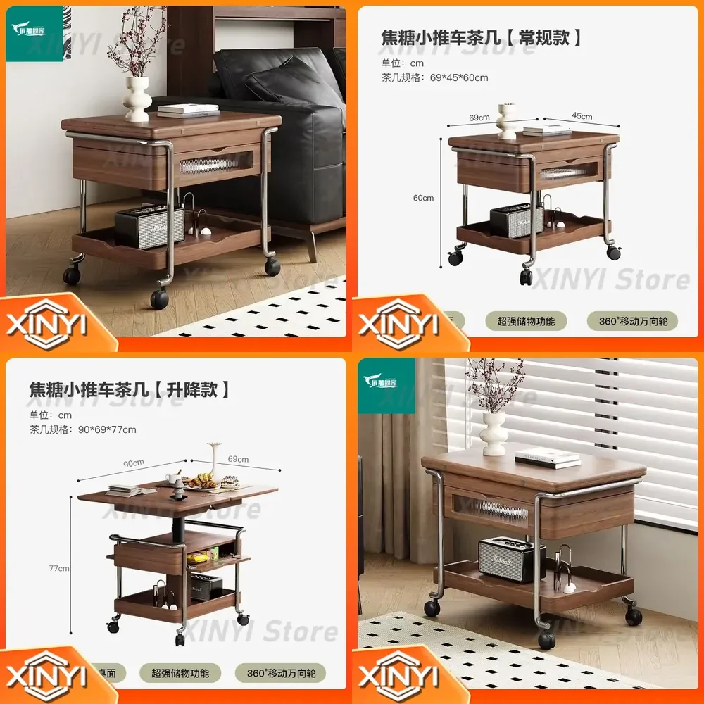 for Household Removable Caramel Medieval Trolley for Living Room Folding Rolling Lift Table Coffee Table Side Table Small
