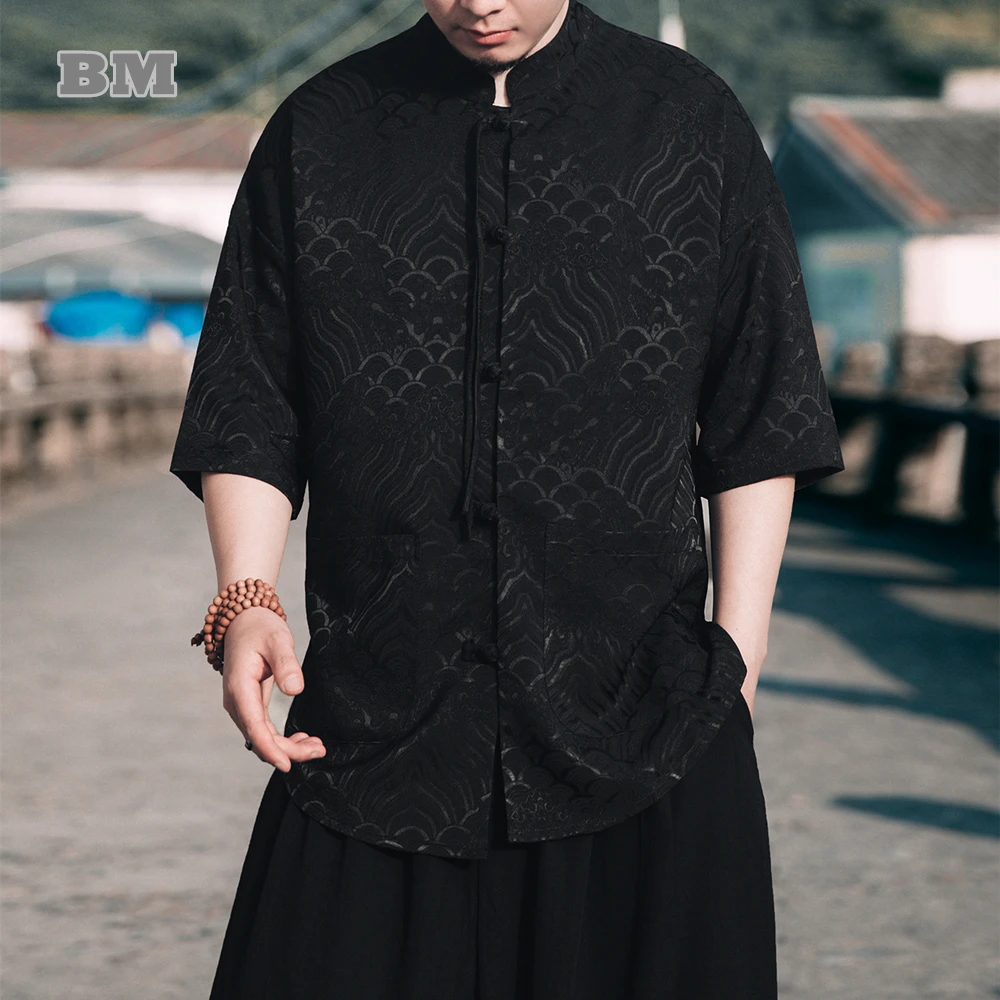 Chinese Style Plus Size Hanfu Men Clothing Vintage Casual Shirt Summer Ethnic Style Short Sleeve Tai Chi Black Oversize Tops