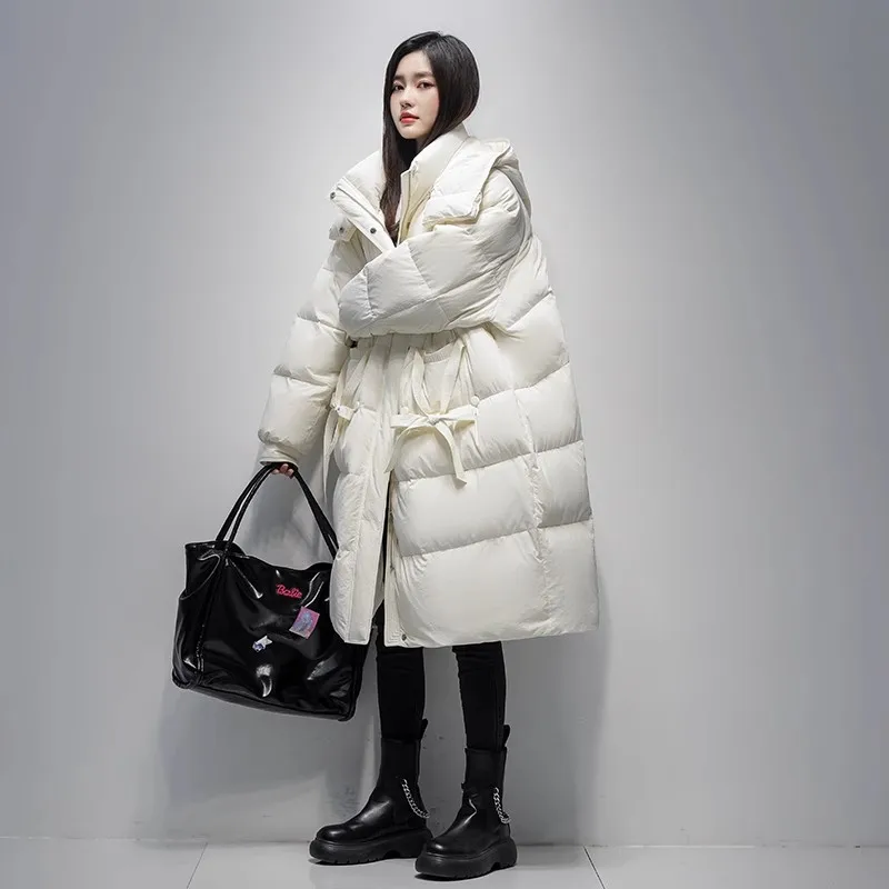 Chaqueta de plumón de largo medio para mujer invierno 2025 nuevo 90 plumón de pato blanco versión coreana señora suelta gruesa abrigos cálidos con capucha Parkas