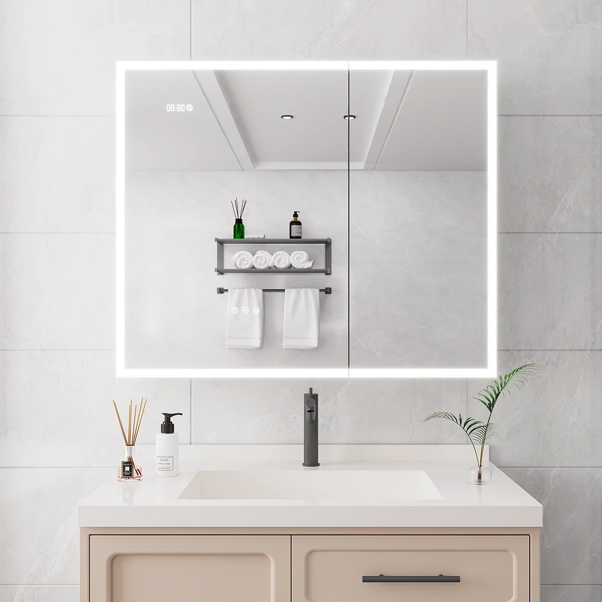 Bathroom Cabinet with Lights 36×30 Inch LED Mirror Double Door Lighted Cabinet with Defogger Dimmer Clock Temp Display 2 Outlets